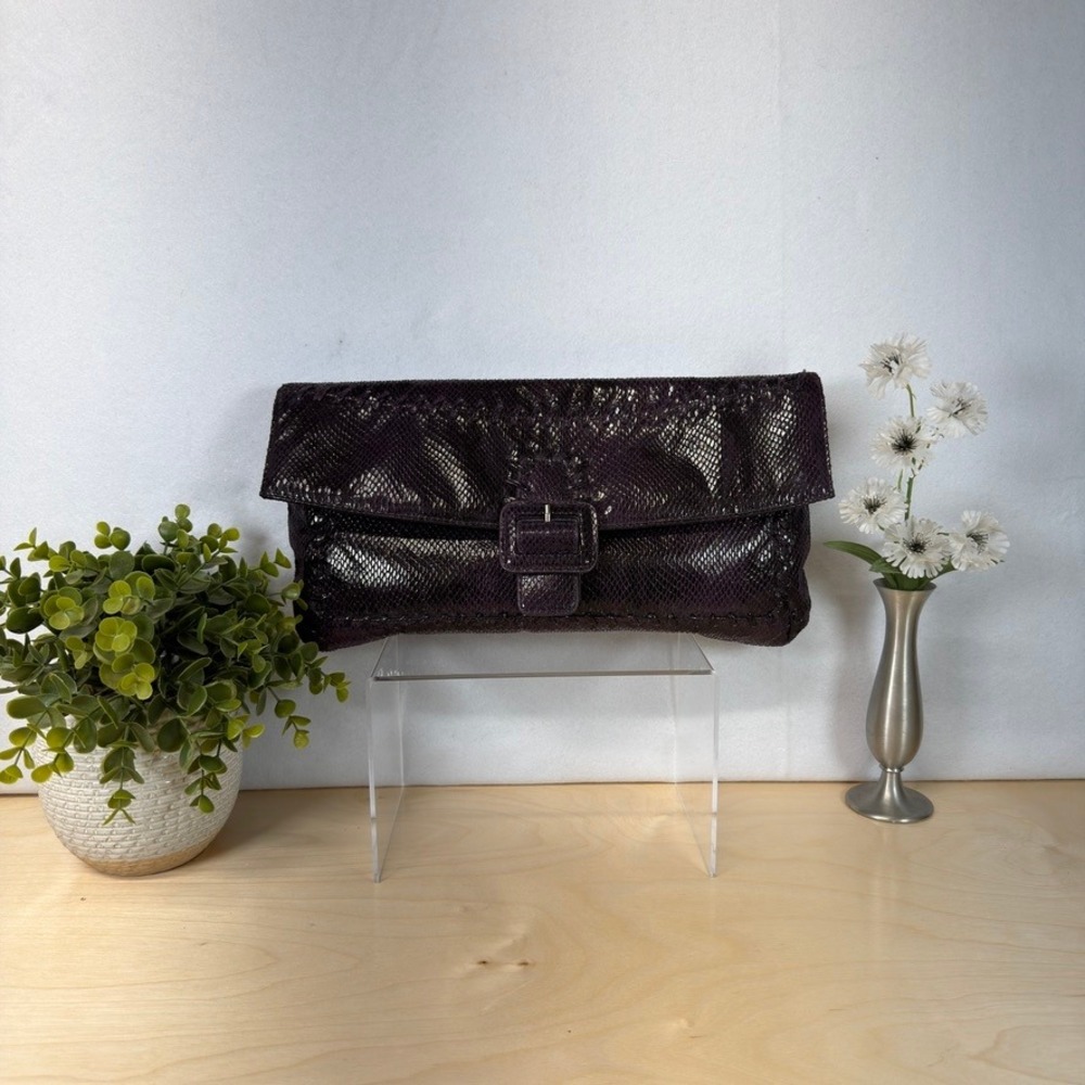 SR Squared by Sondra Roberts Purple Faux Snakeskin Foldover Clutch w/ Strap